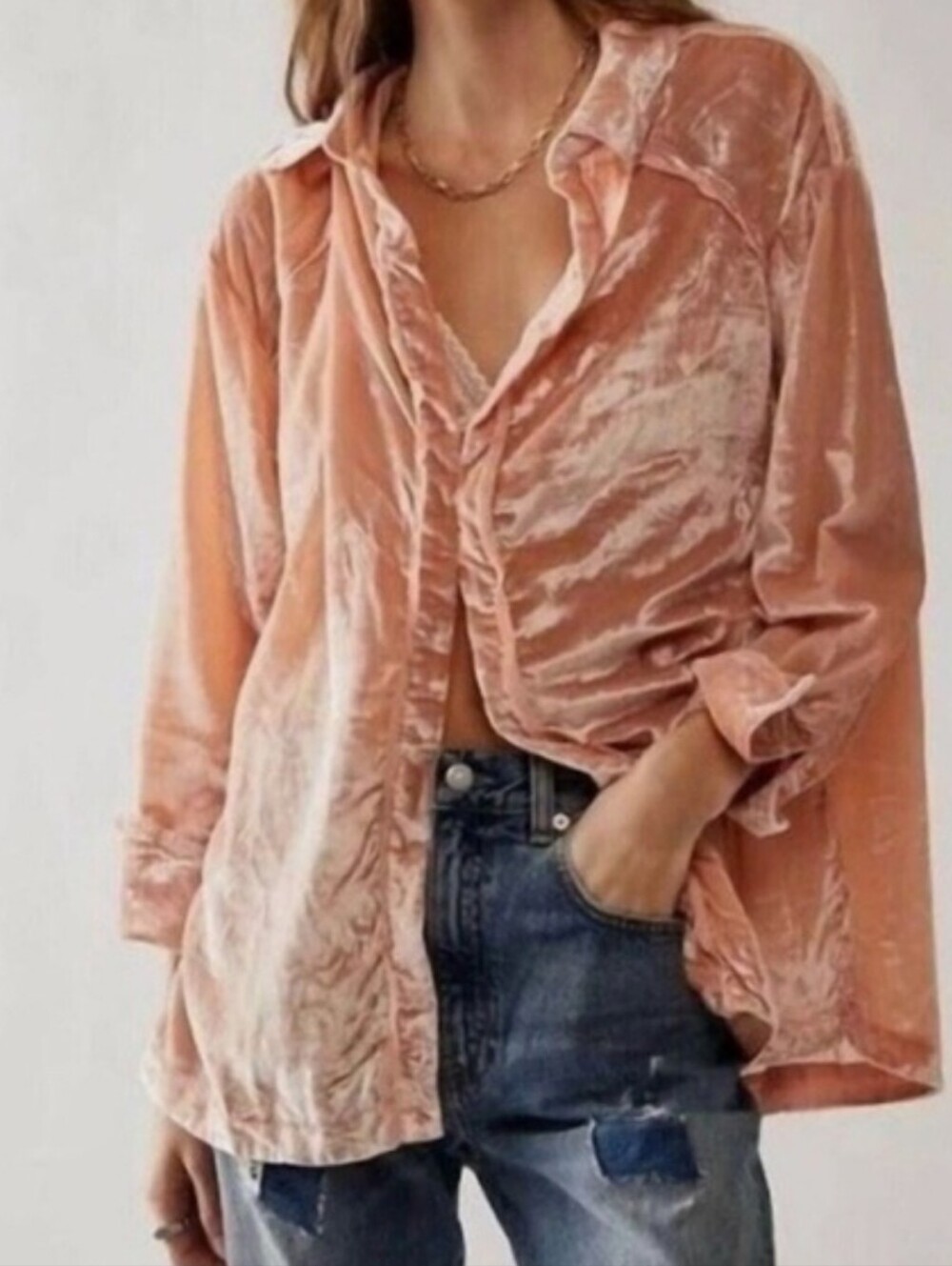 Free People Marianne Velvet Shirt Hook Front Long Sleeve Sz Large